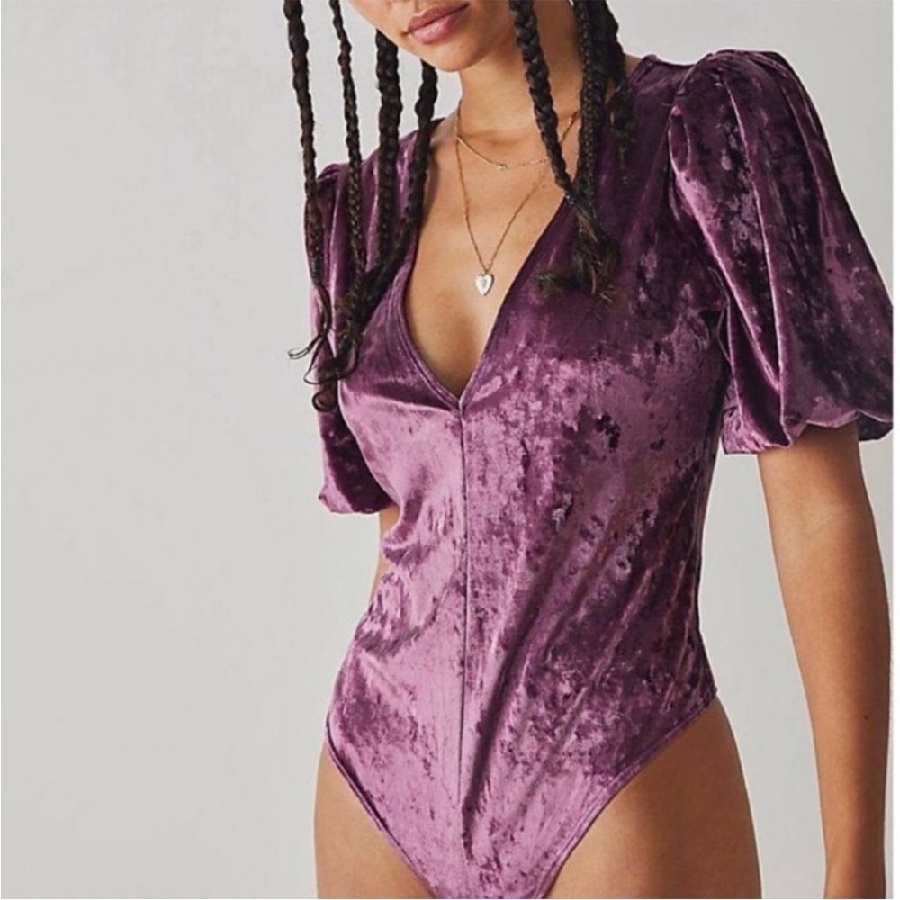 NEW Free People Don’t You Wish Velvet Puff Sleeve Thong Bodysuit in Plum